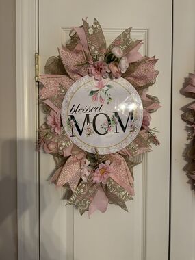 Blessed Mom Pink Floral Mother's Day Door Wreath